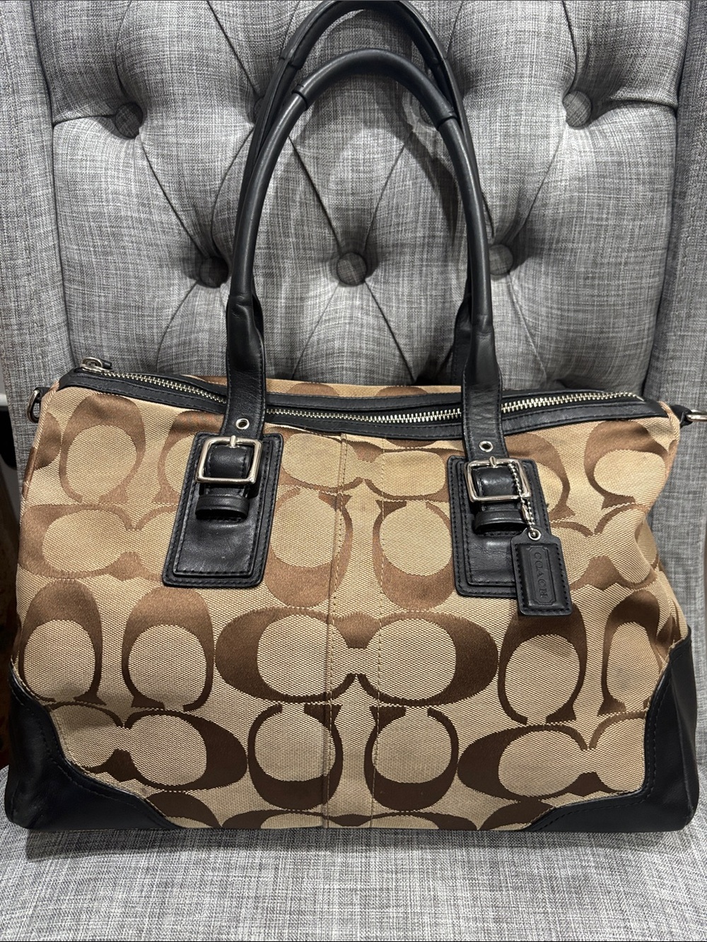 Coach Brown and Black Signature Duffel Bag